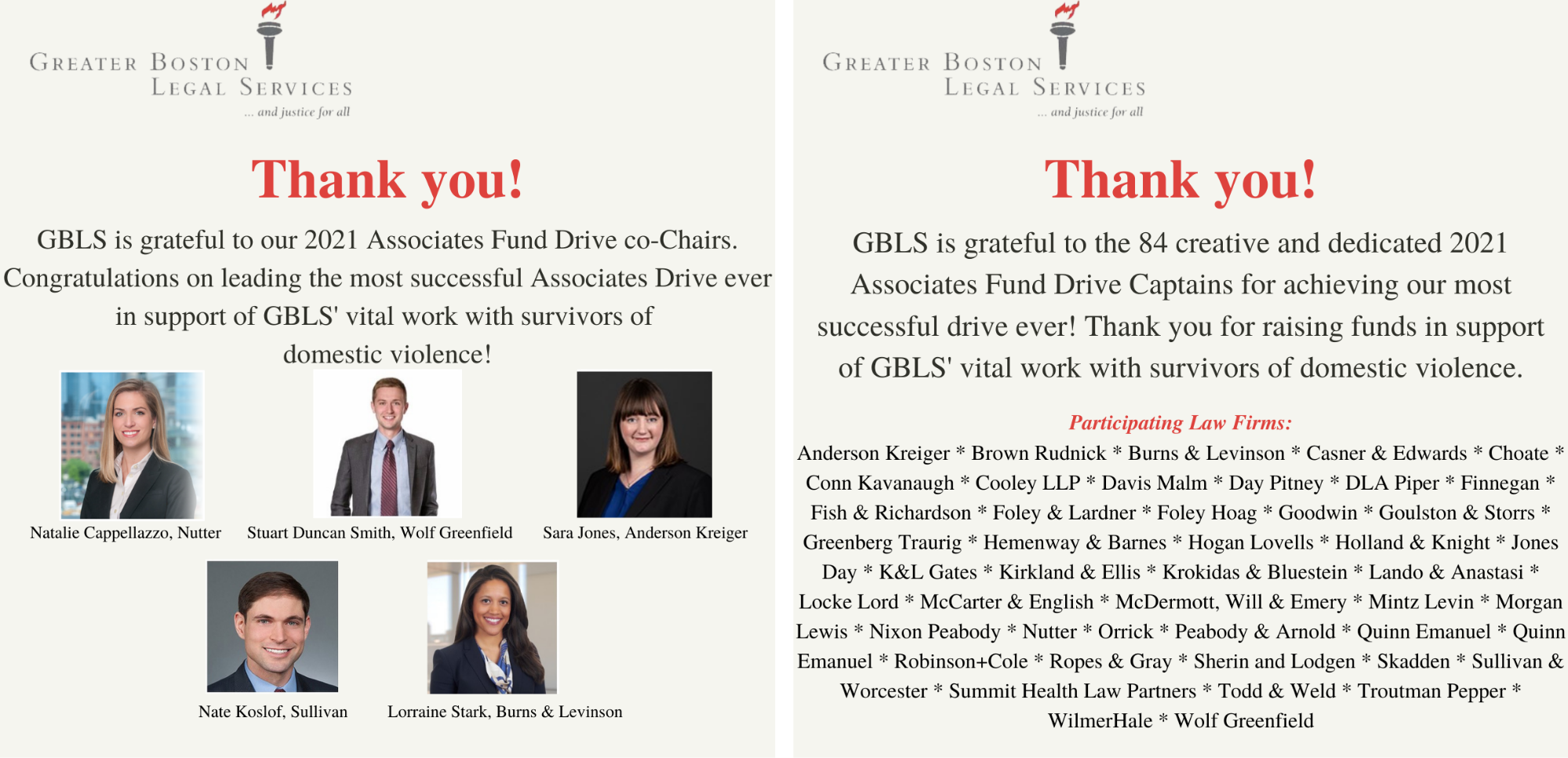 Thank you flyers for GBLS' Associates Fund Drive Co-Chairs and Captains