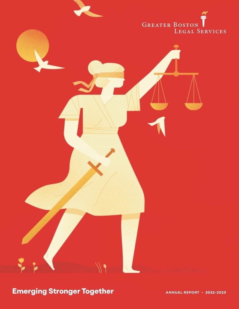 Cover of 2023 Annual Report. The image has a red background and features a blindfolded woman holding scales and a sword. 