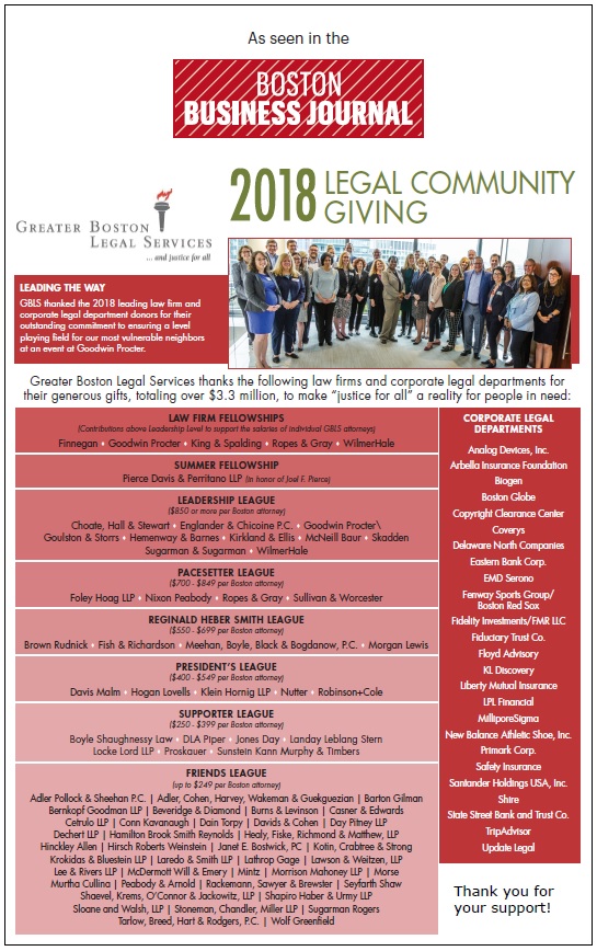 As Seen in the BBJ - Ad highlighting the generosity of GBLS' legal community donors.