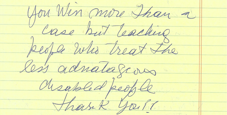 Handwritten note from client, text copied below.