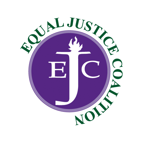 Logo for the Equal Justice Coalition, featuring a purple circle with the letters EJC in the center and the J is a torch.