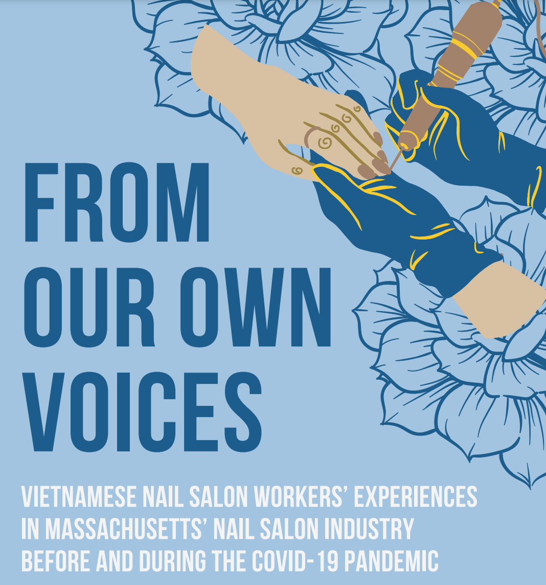 Cover art from From Our Own Voices report, featuring text and an illustration of one person with gloved hands doing nail art on another person's hands