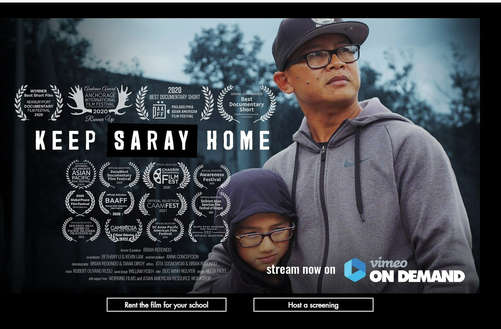 Title Page for the film Keep Saray Home, shows list of film festivals and awards for the film. On the right, a man wearing a hat and glasses has his arm around a child wearing a sweatshirt