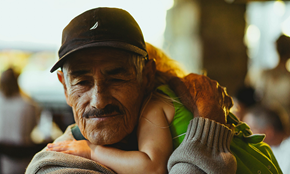 An older man wearing a baseball cap hugs a small child whose face is turned away.