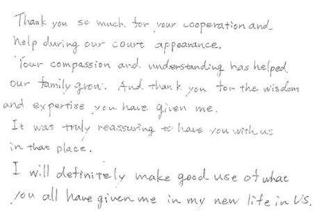 Handwritten letter from a client expressing their gratitude and relief to get services from GBLS