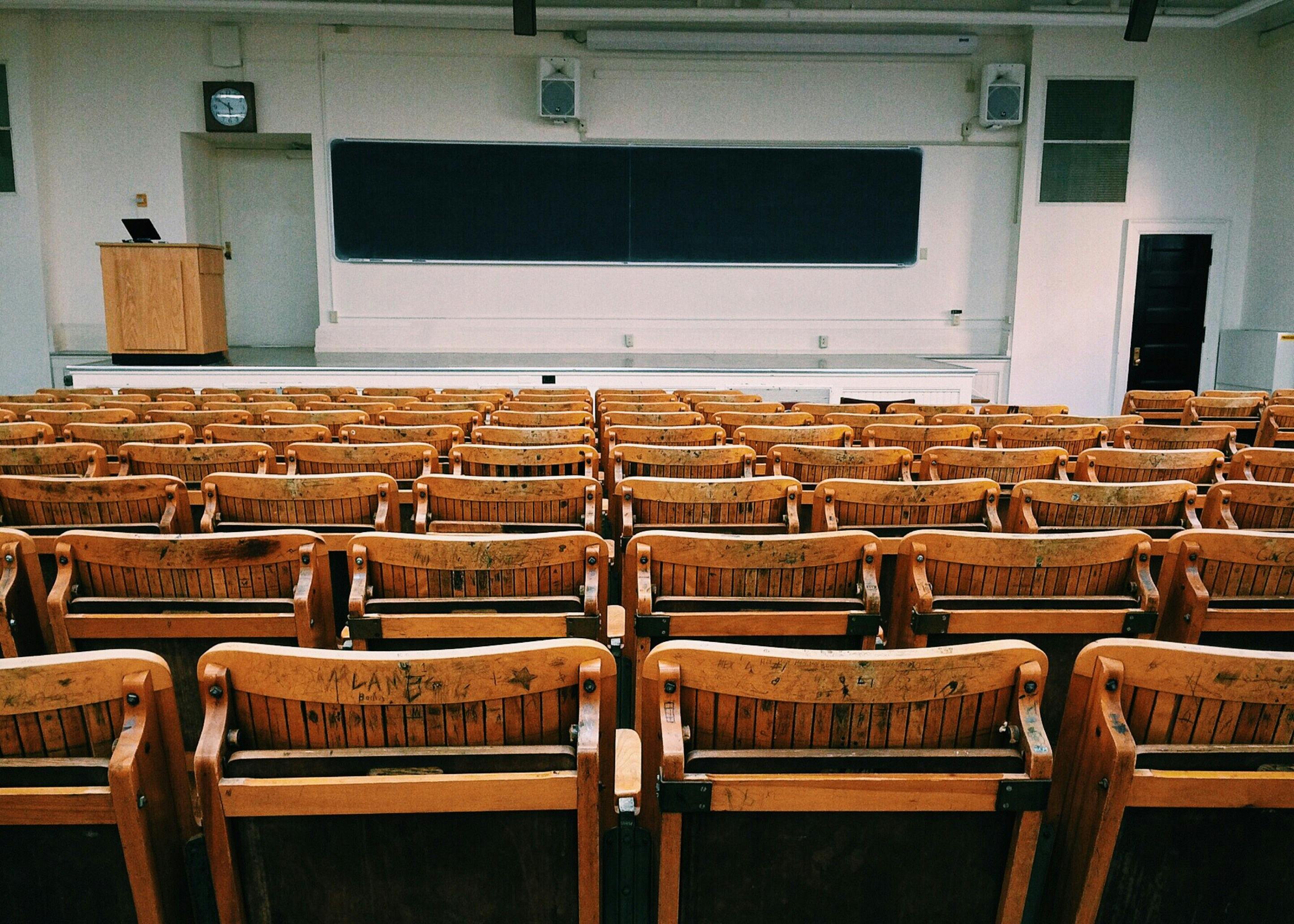 Photo of empty college lecture hall