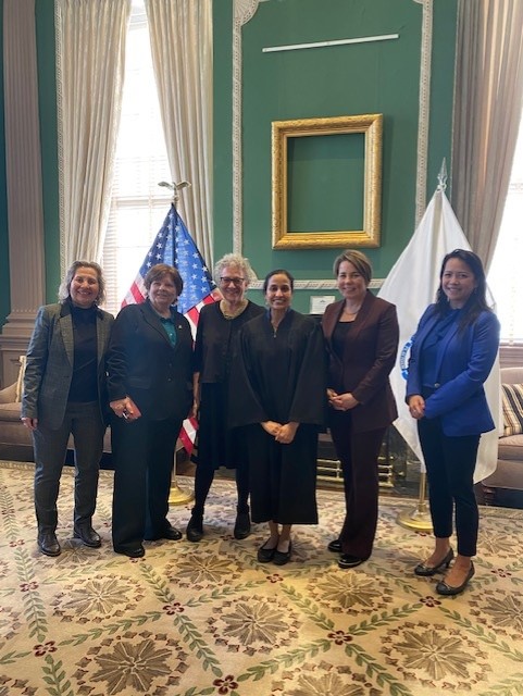 From left to right: Judge Angela Ordonez, Pauline Quiron, Abbe Hersheberg, Manisha Bhatt, Governor Healey, and State Representative Tram Nguyen