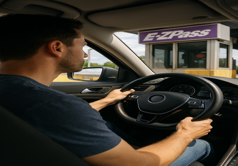 man driving by an ezpass pay toll