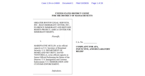 First page of a federal lawsuit filed October 28, 2026, by Greater Boston Legal Services and immigrant rights organizations in the U.S. District Court for Massachusetts.